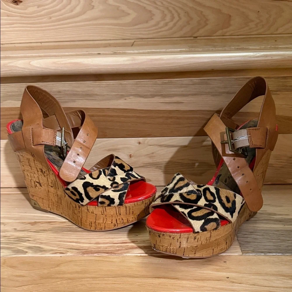 Sam Edelman Leopard Print Platform Wedges with Tan Straps and Red Footbed